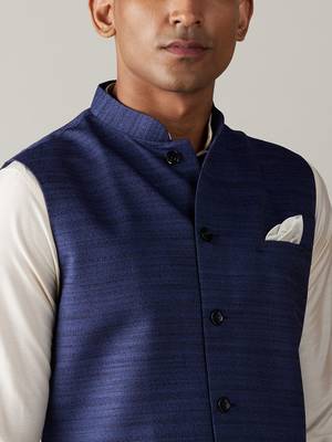 Blue And Cream Viscose Jacket, Kurta & Pyjama 4