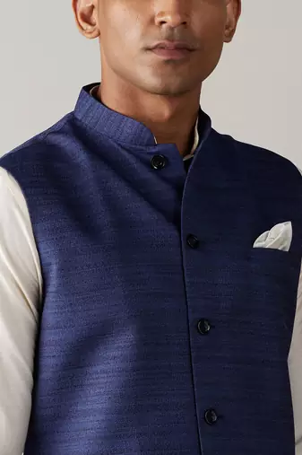 Blue And Cream Viscose Jacket, Kurta & Pyjama