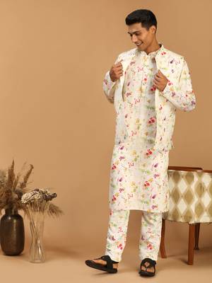 Cream Cotton Blend Jacket, Kurta And Pyjama Set 1