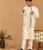 Cream Cotton Blend Jacket, Kurta And Pyjama Set