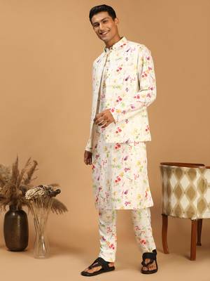 Cream Cotton Blend Jacket, Kurta And Pyjama Set 2