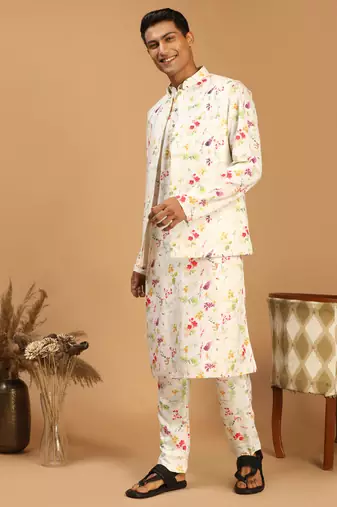 Cream Cotton Blend Jacket, Kurta And Pyjama Set