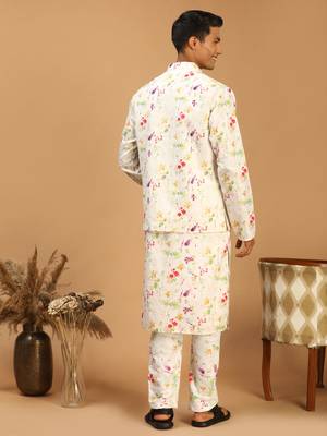 Cream Cotton Blend Jacket, Kurta And Pyjama Set 3