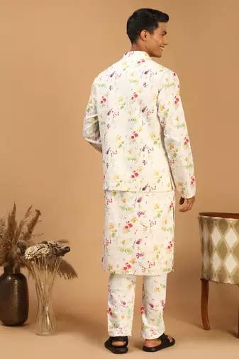 Cream Cotton Blend Jacket, Kurta And Pyjama Set