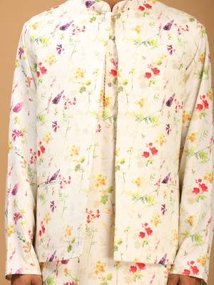 Cream Cotton Blend Jacket, Kurta And Pyjama Set 4