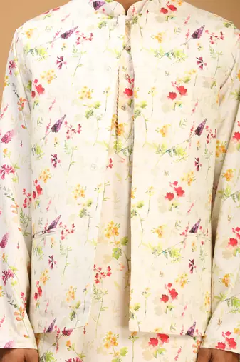 Cream Cotton Blend Jacket, Kurta And Pyjama Set