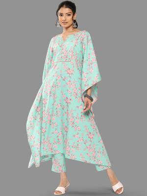 Janasya women's sea green crepe digital printed kaftan with pants 1