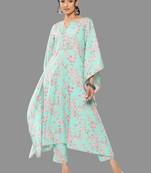 Janasya women's sea green crepe digital printed kaftan with pants