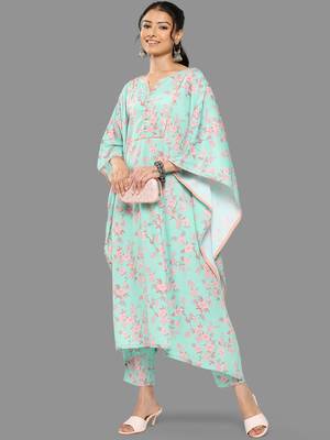 Janasya women's sea green crepe digital printed kaftan with pants 2