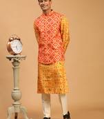 Men'S Red, Yellow And Cream Silk Blend Jacket, Kurta And Pyjama Set