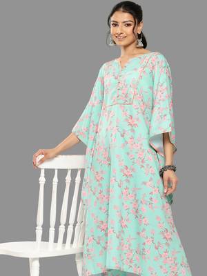 Janasya women's sea green crepe digital printed kaftan with pants 3