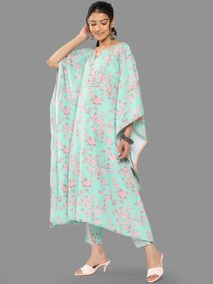 Janasya women's sea green crepe digital printed kaftan with pants 4