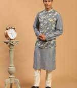 Grey And Cream Cotton Blend Jacket, Kurta And Pyjama Set