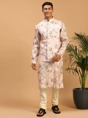 Multicolor-Base-Peach Cotton Blend Jacket, Kurta And Pyjama Set 1