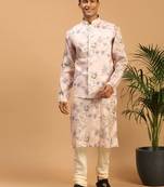Multicolor-Base-Peach Cotton Blend Jacket, Kurta And Pyjama Set