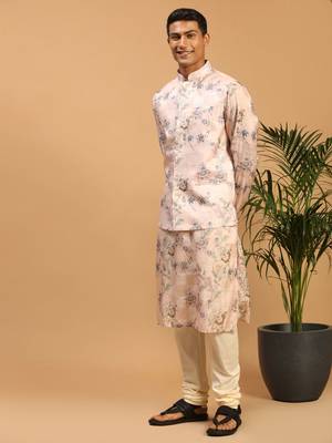 Multicolor-Base-Peach Cotton Blend Jacket, Kurta And Pyjama Set 2