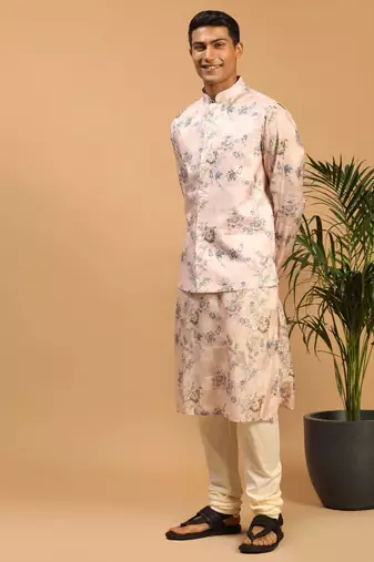 Multicolor-Base-Peach Cotton Blend Jacket, Kurta And Pyjama Set