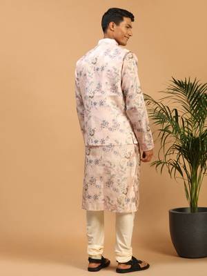 Multicolor-Base-Peach Cotton Blend Jacket, Kurta And Pyjama Set 3