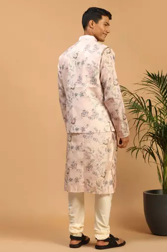 Multicolor-Base-Peach Cotton Blend Jacket, Kurta And Pyjama Set
