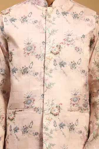 Multicolor-Base-Peach Cotton Blend Jacket, Kurta And Pyjama Set