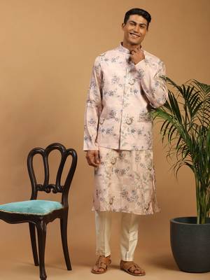 Multicolor-Base-Peach Cotton Blend Jacket, Kurta And Pyjama Set 1