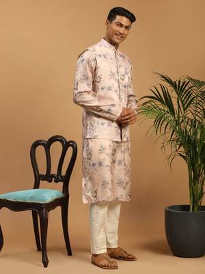 Multicolor-Base-Peach Cotton Blend Jacket, Kurta And Pyjama Set 2