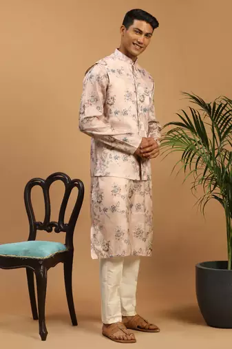 Multicolor-Base-Peach Cotton Blend Jacket, Kurta And Pyjama Set