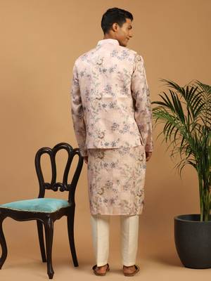 Multicolor-Base-Peach Cotton Blend Jacket, Kurta And Pyjama Set 3