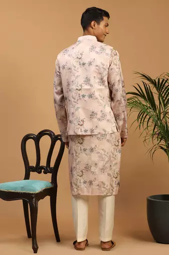 Multicolor-Base-Peach Cotton Blend Jacket, Kurta And Pyjama Set