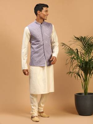 Purple Viscose Jacket, Kurta And Pyjama Set 1
