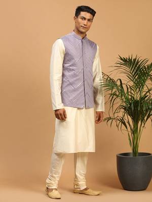 Purple Viscose Jacket, Kurta And Pyjama Set 2