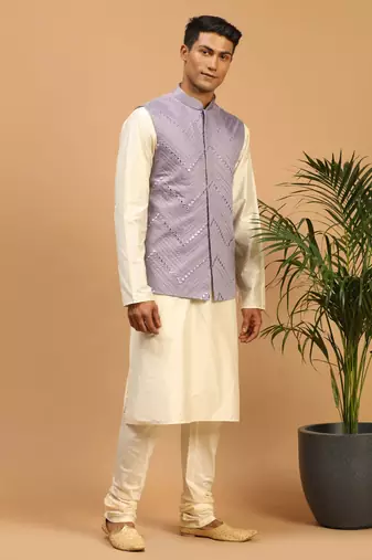Purple Viscose Jacket, Kurta And Pyjama Set