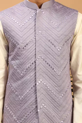 Purple Viscose Jacket, Kurta And Pyjama Set