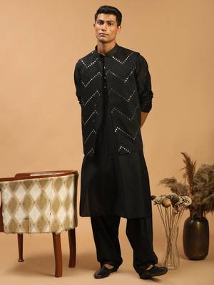 Black Viscose Jacket, Kurta And Pyjama Set 1