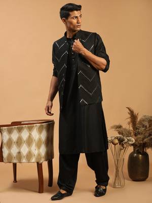 Black Viscose Jacket, Kurta And Pyjama Set 2
