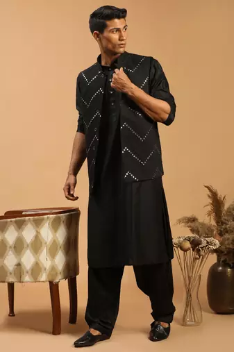 Black Viscose Jacket, Kurta And Pyjama Set
