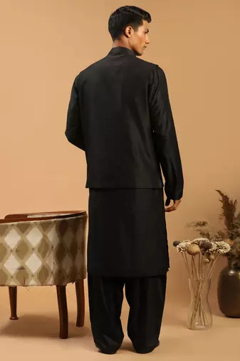Black Viscose Jacket, Kurta And Pyjama Set