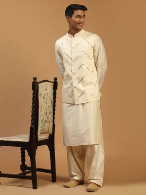  cream viscose jacket, kurta and pyjama set 1