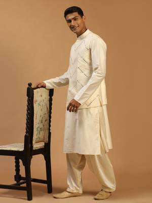  cream viscose jacket, kurta and pyjama set 2