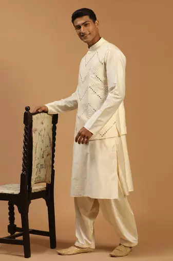  cream viscose jacket, kurta and pyjama set