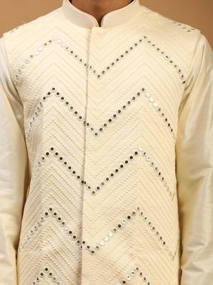  cream viscose jacket, kurta and pyjama set 4