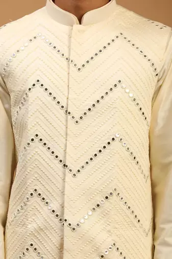  cream viscose jacket, kurta and pyjama set