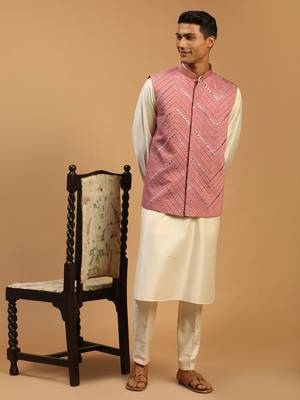 Onion And Cream Viscose Jacket, Kurta And Pyjama Set 1