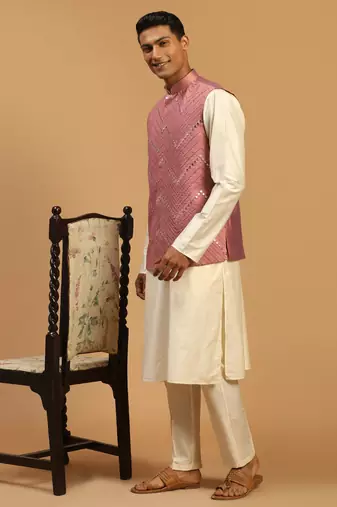 Onion And Cream Viscose Jacket, Kurta And Pyjama Set