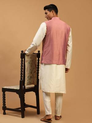 Onion And Cream Viscose Jacket, Kurta And Pyjama Set 3