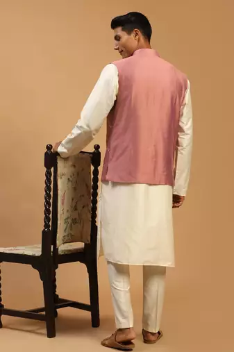 Onion And Cream Viscose Jacket, Kurta And Pyjama Set
