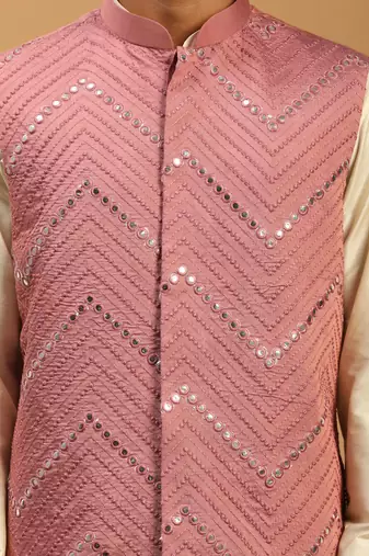 Onion And Cream Viscose Jacket, Kurta And Pyjama Set