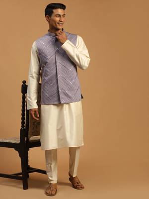 Purple And Cream Viscose Jacket, Kurta And Pyjama Set 1