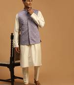 Purple And Cream Viscose Jacket, Kurta And Pyjama Set
