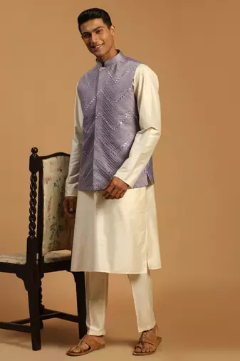 Purple And Cream Viscose Jacket, Kurta And Pyjama Set